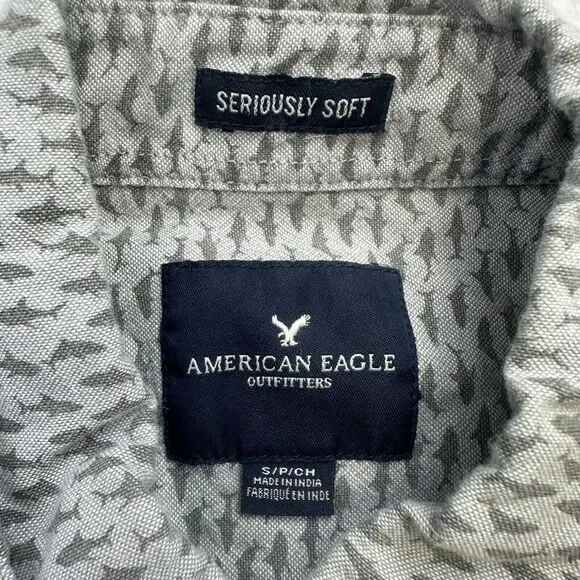 American Eagle Shirt Mens Small S Gray Shark Super Soft Button Down Long Sleeve - Picture 9 of 13